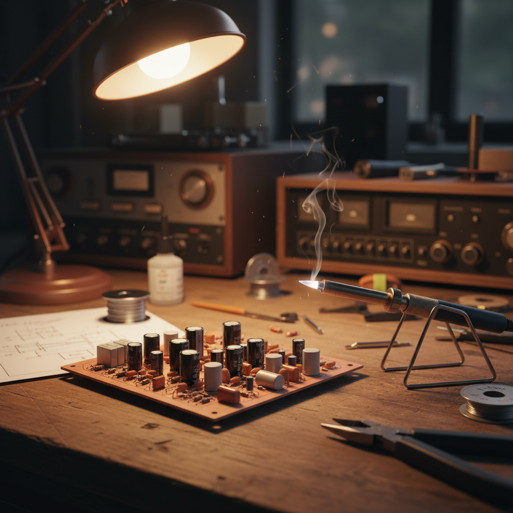 A detailed shot of an audio electronics build in progress — circuit board with capacitors and resistors, soldering iron nearby, workbench setting, warm workshop lighting, shallow depth of field, high quality photography