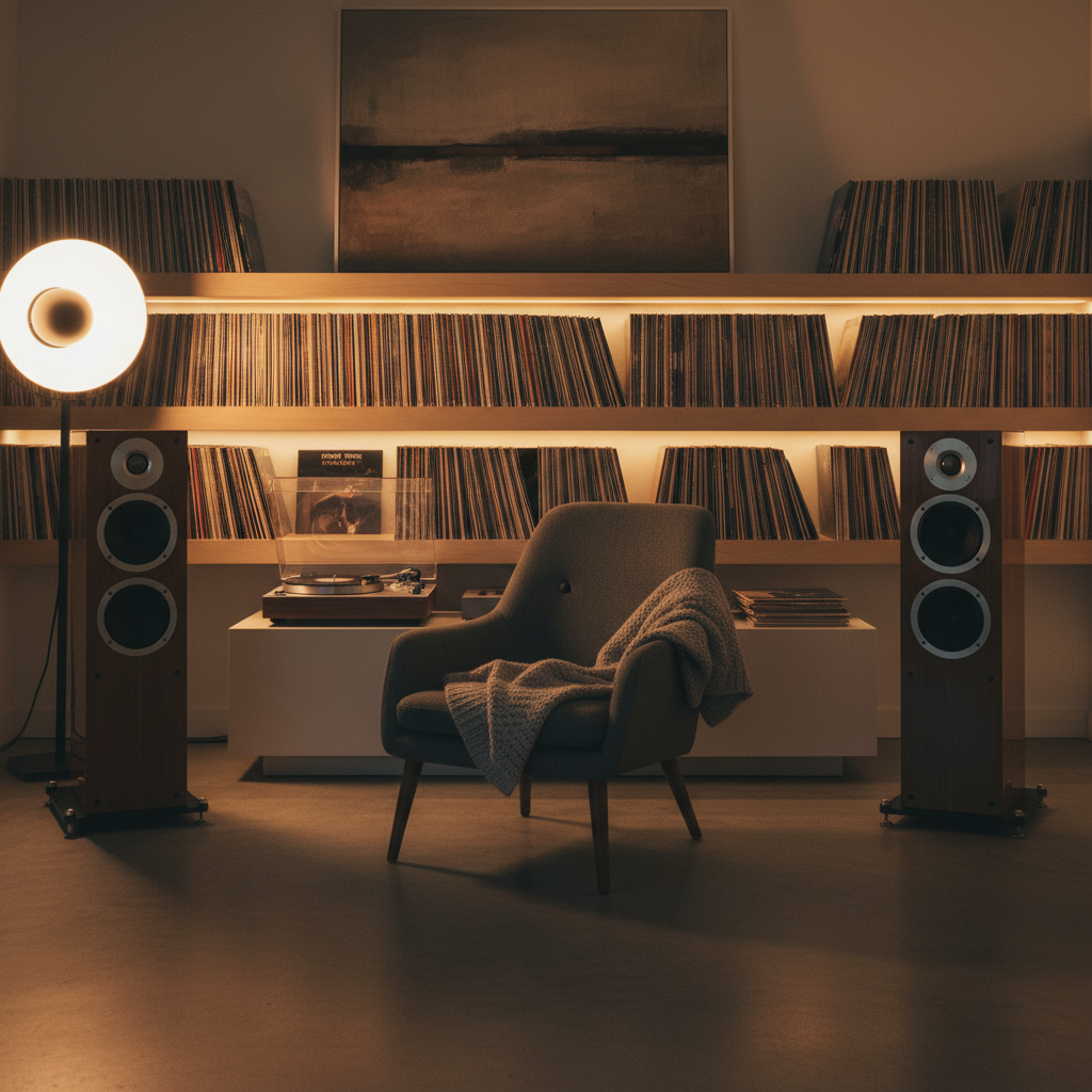 A beautifully composed audiophile listening room — high-end speakers, vinyl record player, soft warm lighting, minimalist shelving with records, calm and focused atmosphere, cinematic photography